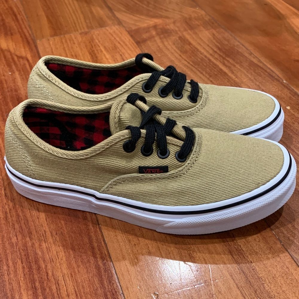 Vans Khaki Canvas Sneakers with Plaid Interior size 3.5